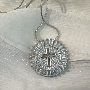 Cross Pendant Necklace Baguette CZ Halo Round Crystal Religious Necklace